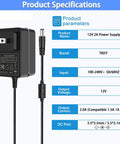 Universal 12V DC Power Supply Adapter With On Off Switch 2A Output 24W 5.9 Feet Cable 5.5 X 2.5 Mm Center Positive Plug AC 100-240V In Compatible With LED Light Strips DVD Players Routers CCTV Cameras Hard Drives And Other Gear, 12V 2A