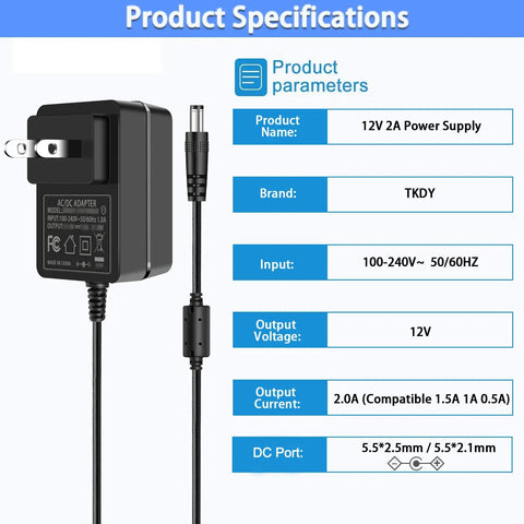 Universal 12V DC Power Supply Adapter With On Off Switch 2A Output 24W 5.9 Feet Cable 5.5 X 2.5 Mm Center Positive Plug AC 100-240V In Compatible With LED Light Strips DVD Players Routers CCTV Cameras Hard Drives And Other Gear, 12V 2A