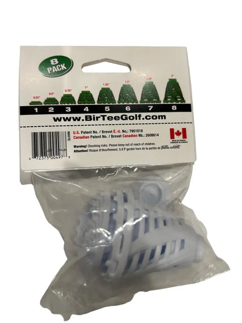 Pro Speed Plus Flexible Plastic Golf Tees Eight Pack in clear packaging showing eight white tees for indoor simulators, fixed heights
