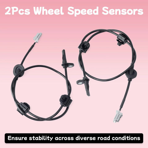 Front view of two wheel speed sensors with gray connectors for Subaru Outback ABS, front left and right.