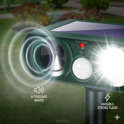 4 Pack Solar Powered Ultrasonic Animal Deterrents For Outdoor Gardens With Motion Sensor And Flash Light IP65 Waterproof Protects Against Cats Deer Squirrels Rabbits Foxes Raccoons Dogs close-up with solar panel, sensor, and strobe light