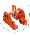 Beefy Heavy Duty Manual Trolley For I-Beam Hoist 4400 LBS Capacity, dual wheels, orange steel, dimensions marked