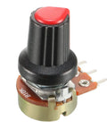 Five Pack 10K Ohm Variable Resistors, Single Turn Rotary Potentiometers With Carbon Film Taper, Knobs Included, front view