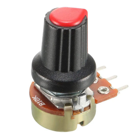 Five Pack 10K Ohm Variable Resistors, Single Turn Rotary Potentiometers With Carbon Film Taper, Knobs Included, front view