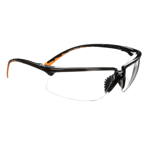 Privo Anti-Fog Safety Glasses With Black Frame, ANSI Z87 Rated Protective Eyewear, European Style, side view showing temple tips.