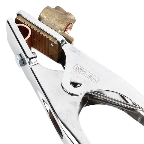 Heavy Duty 300A Grounding Work Clamp For Electric Welding And Soldering Repair, chrome finish with copper jaw detail.