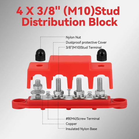 Heavy Duty 250A Power Distribution Block Bus Bar For 12 To 48 Volt automotive, featuring 4 x 3/8" terminals and insulated nylon base.