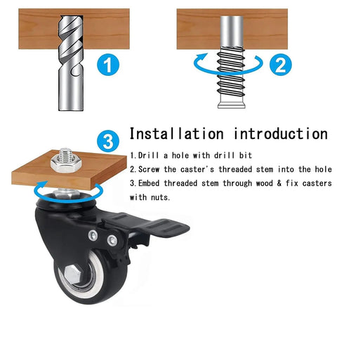 Installation guide for Four Piece Heavy Duty Polyurethane Swivel Casters With Solid Locking Brakes 1.5 Inch Wheels.