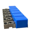 Close-up of Beefy CNC Clamp Vise for Multi-Station Pneumatic Milling, Single-Sided OK Clamp with blue protective covers.