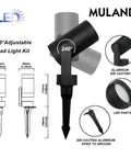 Diagram of Lit Smart RGBW Color Changing Landscape Lighting Kit 3 Pack Outdoor Spotlight Set with adjustable head, aluminum body.