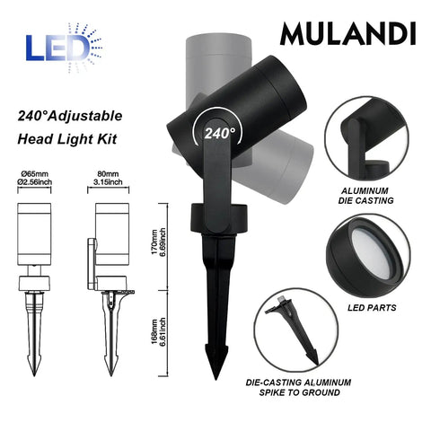Diagram of Lit Smart RGBW Color Changing Landscape Lighting Kit 3 Pack Outdoor Spotlight Set with adjustable head, aluminum body.