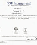 NSF certification document for Emonyx, recognizing compliance with NSF/ANSI 58 for the Solid Five Stage Under Sink Reverse Osmosis Drinking Water Filter System.