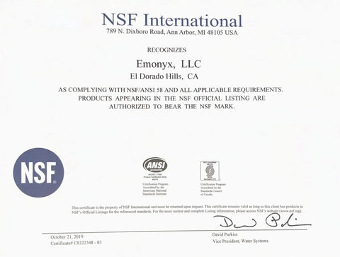 NSF certification document for Emonyx, recognizing compliance with NSF/ANSI 58 for the Solid Five Stage Under Sink Reverse Osmosis Drinking Water Filter System.