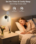 FRIDEKO HOME Black Battery Operated Wall Sconces Set of 2 Small, 12.2in. illuminating a bedroom with a woman sleeping peacefully.