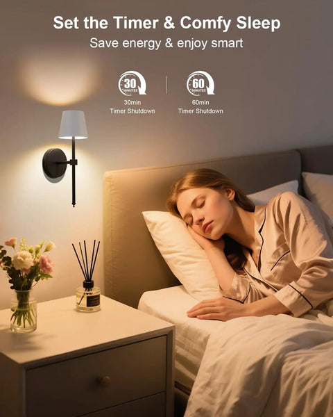 FRIDEKO HOME Black Battery Operated Wall Sconces Set of 2 Small, 12.2in. illuminating a bedroom with a woman sleeping peacefully.