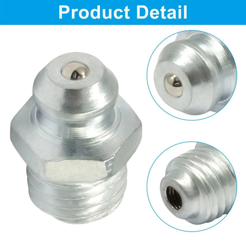 Close-up of 25 Pcs M8 Straight Hydraulic Grease Fitting Kit 8mm X 1mm Male Thread Zerk Nipple, showcasing detailed metal finish