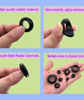 335 Pcs Rubber Grommets Assortment Kit Must Have With Eight Sizes From One Quarter Inch To One Inch for wiring, showing rubber grommets in hand, illustrating size and material.