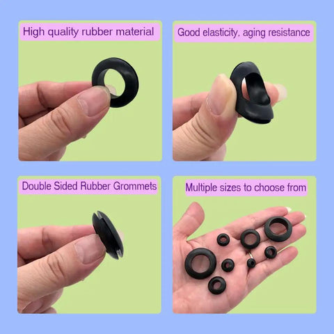 335 Pcs Rubber Grommets Assortment Kit Must Have With Eight Sizes From One Quarter Inch To One Inch for wiring, showing rubber grommets in hand, illustrating size and material.