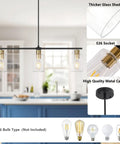 Three Light Linear Farmhouse Kitchen Island Lighting In Black And Gold Finish With Glass Shades Modern Industrial Pendant Lights For Dining Room E26 Bulbs Compatible Bright Sleek Home Fixture Vibe shown in a kitchen setting with details of glass shade, E26 socket, and metal canopy.