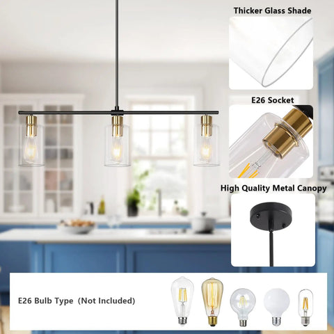 Three Light Linear Farmhouse Kitchen Island Lighting In Black And Gold Finish With Glass Shades Modern Industrial Pendant Lights For Dining Room E26 Bulbs Compatible Bright Sleek Home Fixture Vibe shown in a kitchen setting with details of glass shade, E26 socket, and metal canopy.