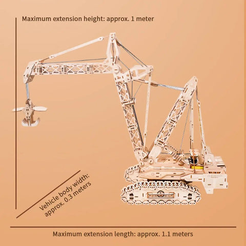 Hands On 3D Wooden Puzzle RC Crane Model Kit With Remote Control Mechanical Lifting Arm Grabbing And Rotation Desktop Display Gift For Adults Teens Hobbyists And Collectors 800 Pieces, wooden crane side view, approx. 1.1 m