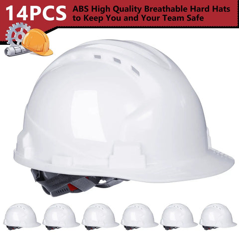14 Pack White Hard Hats With 4 Point Suspension Adjustable Ratchet Fit Vents And Cotton Brow Pad ABS Construction Safety Helmets For Men Bulk Head Protection For Work At Height On Job Sites shown in multiple angles