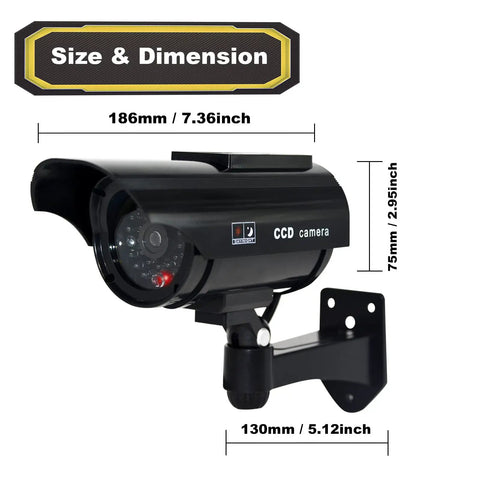 Solar Powered Fake Security Camera with Realistic Red Flashing Lights, Bullet Style Dummy Surveillance System dimensions