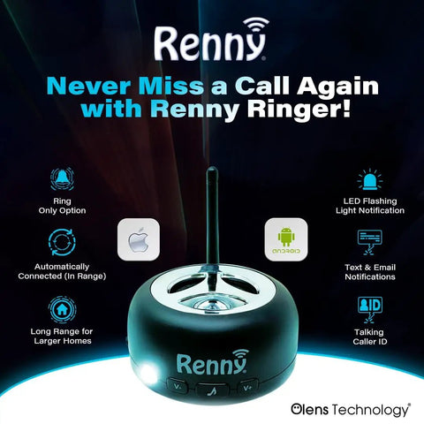 Loud Cell Phone Ringer Amplifier And Flash Alert For Hearing Impaired And Noisy Environments 117 dB Ringer With Bluetooth Auto Connect Five Ringtone Options And Bright Light So You Never Miss Calls displayed with features on dark background.