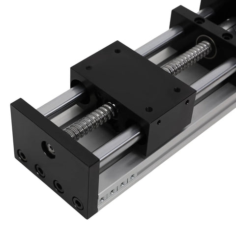 Black ball-screw linear guide actuator on aluminum rails with end blocks