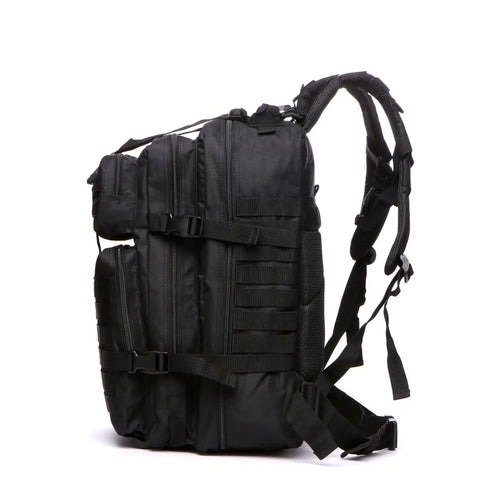 Side view of All Day Ready 45L Nylon Waterproof Tactical Backpack with MOLLE gear and padded straps for outdoor adventures.