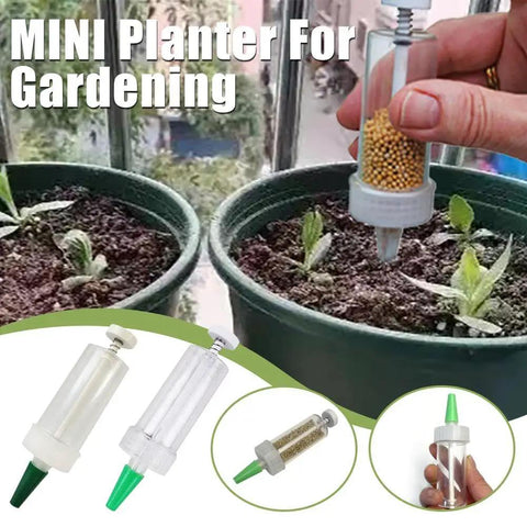 Mini Seed Spreader Handheld For Tiny Seeds 2025 Upgrade Seed Dispenser in use for gardening with close-up of plant pots.