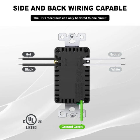 Back view wiring diagram of Dual Type C And Type A USB Wall Outlet With 4.8A Fast Charging For All Your Devices, UL Listed