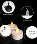 Flameless Tea Light Candles 50 Pack With Batteries Included Realistic Flickering LED Tealights showing battery compartment and flickering wick.
