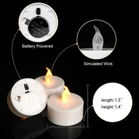 Flameless Tea Light Candles 50 Pack With Batteries Included Realistic Flickering LED Tealights showing battery compartment and flickering wick.