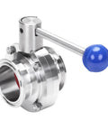 DERNORD 2-inch tri-clamp sanitary butterfly valve, angled view with pull handle and blue knob, stainless steel 304