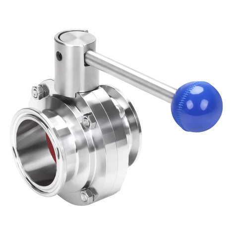 DERNORD 2-inch tri-clamp sanitary butterfly valve, angled view with pull handle and blue knob, stainless steel 304