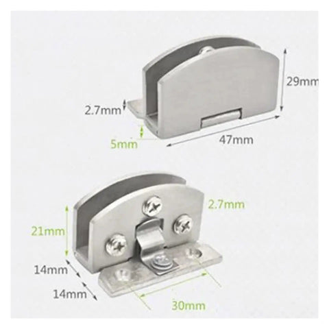 Glass Door Hinge With No Drilling Side Mount Clamp Hardware For Frameless Glass Doors with measurements and details shown