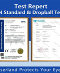 Test report for Top Shelf CO2 Laser Safety Glasses showing EN Standard and Dropball Test results, CE certified.