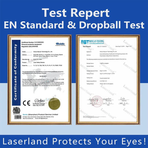 Test report for Top Shelf CO2 Laser Safety Glasses showing EN Standard and Dropball Test results, CE certified.