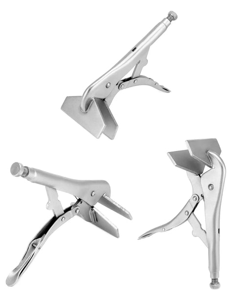 Beefy 10 Inch Flat Jaw Locking Clamp For Heavy Duty Sheet Metal Welding And Fabrication showing side angles and locking mechanism.