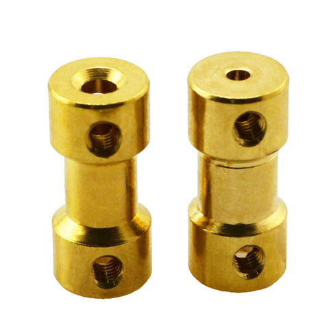 Close-up of 4 Pack 2Mm To 3Mm Brass Flexible Shaft Coupler With Screws For RC Airplanes And Boats, showing two brass couplers.
