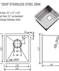 Dimensions and diagram of Stainless Steel Undermount Bar Sink 15x17 Inch Small Wet Bar, 16 Gauge SUS304 Brushed Nickel Finish, Single Bowl Outdoor Kitchen Sink Built Tough For Busy Bars, Noise Dampening, Scratch Resistant, Easy To Clean.