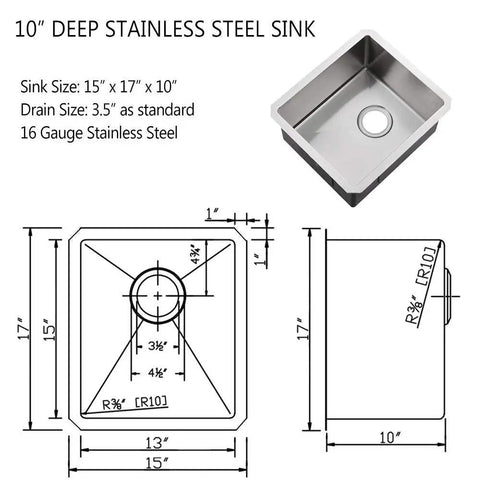Dimensions and diagram of Stainless Steel Undermount Bar Sink 15x17 Inch Small Wet Bar, 16 Gauge SUS304 Brushed Nickel Finish, Single Bowl Outdoor Kitchen Sink Built Tough For Busy Bars, Noise Dampening, Scratch Resistant, Easy To Clean.