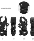 Universal Bicycle Flashlight Holder with non slip rubber clamp showing 270 degree rotation angles, four positions illustrated.