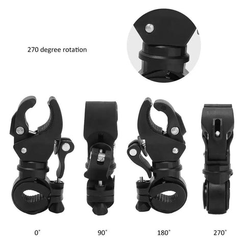 Universal Bicycle Flashlight Holder with non slip rubber clamp showing 270 degree rotation angles, four positions illustrated.