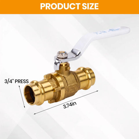 No Sweat 3/4 Full Port Press Ball Valve For Pure Household Water Rock Tight Seal Top Shelf Brass Workhorse Leak Proof Shut Off Valve Slick Design For Copper Pipe Installations, measuring 3.74 inches.