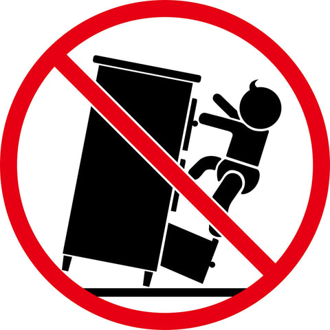 Safety warning icon showing child climbing furniture with a red prohibition sign.