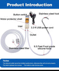 USB Electric Auto Siphon Self Priming Pump For Bottling Your Home Brew Beer Wine Beverages And Kombucha Food Grade Water Transfer Pump With 6.5 Feet Hose Flow Rate 2 Liters Per Minute Low Noise No Cap detailed parts illustration including hose, button switch, and hook.