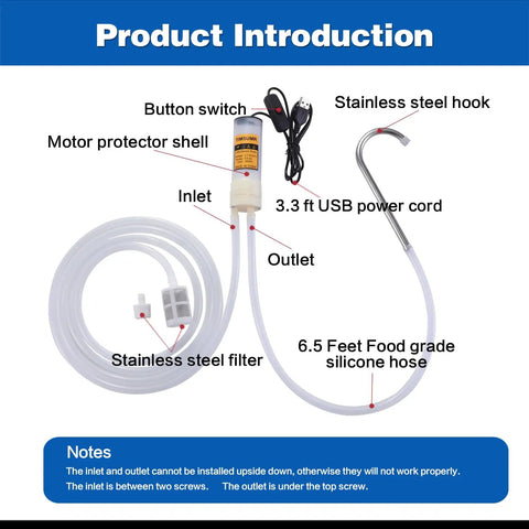 USB Electric Auto Siphon Self Priming Pump For Bottling Your Home Brew Beer Wine Beverages And Kombucha Food Grade Water Transfer Pump With 6.5 Feet Hose Flow Rate 2 Liters Per Minute Low Noise No Cap detailed parts illustration including hose, button switch, and hook.