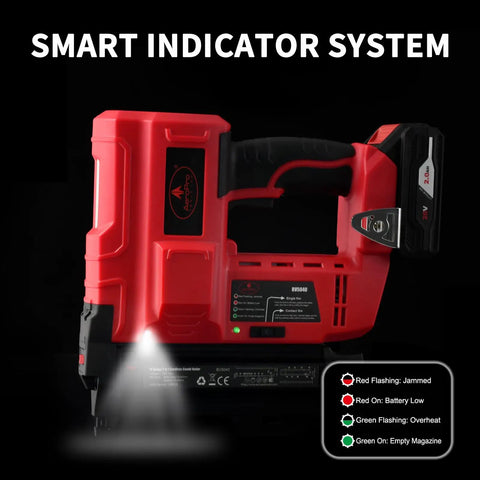 Cordless 18 Gauge Brad Nailer 2 In 1 Electric Nail Gun With 20v Batteries Fast Charger showing smart indicator system.